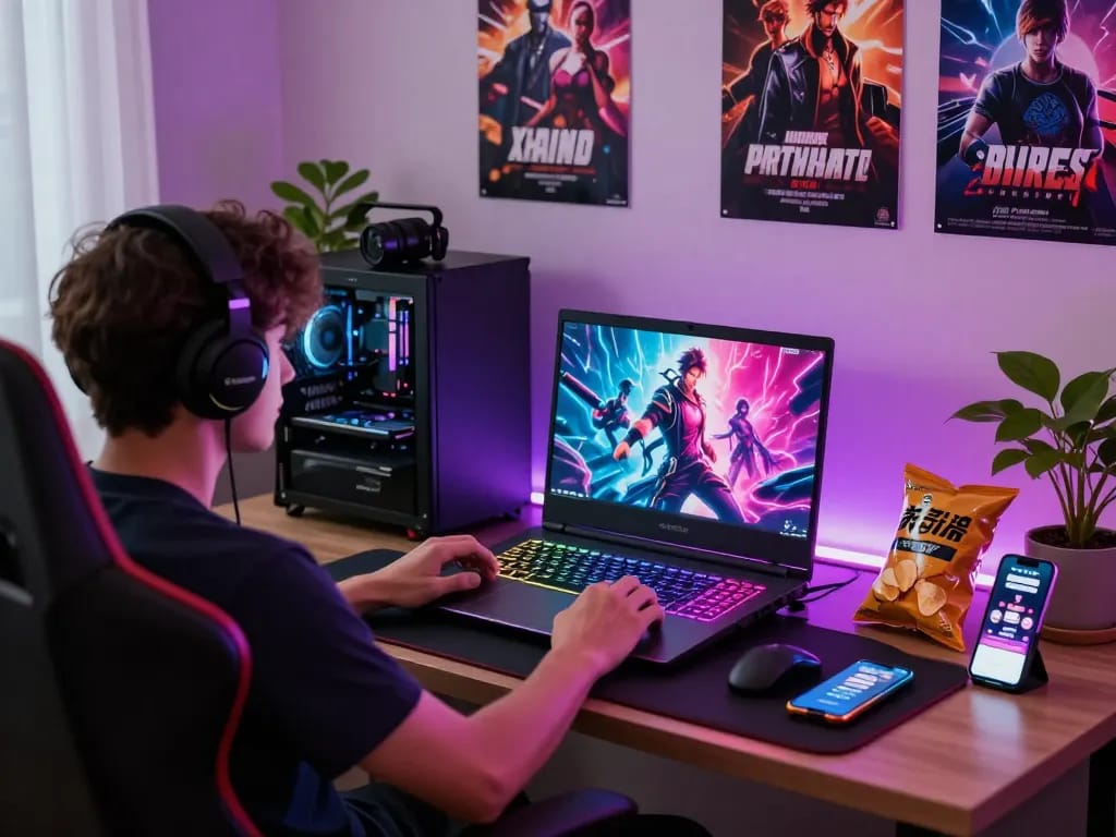 Engaging scene of a gamer exploring porngames on a laptop with vibrant visuals and RGB lighting in a modern gaming setup.