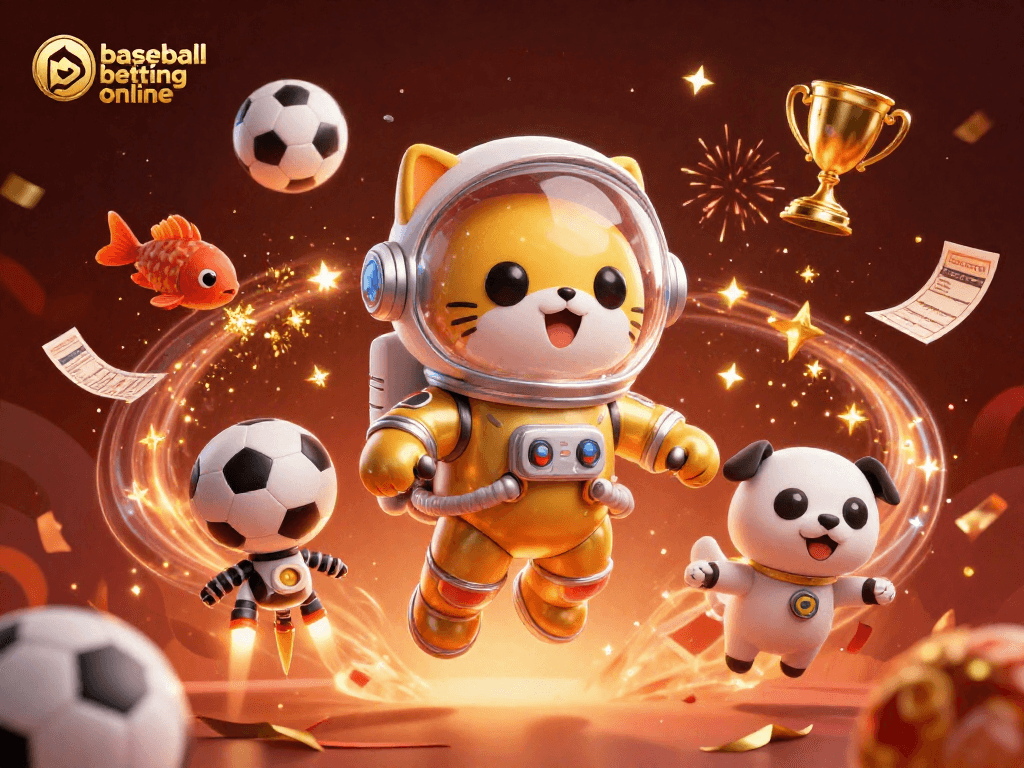 Experience thrilling baseball betting online with a colorful 3D illustration of space characters and sports elements.