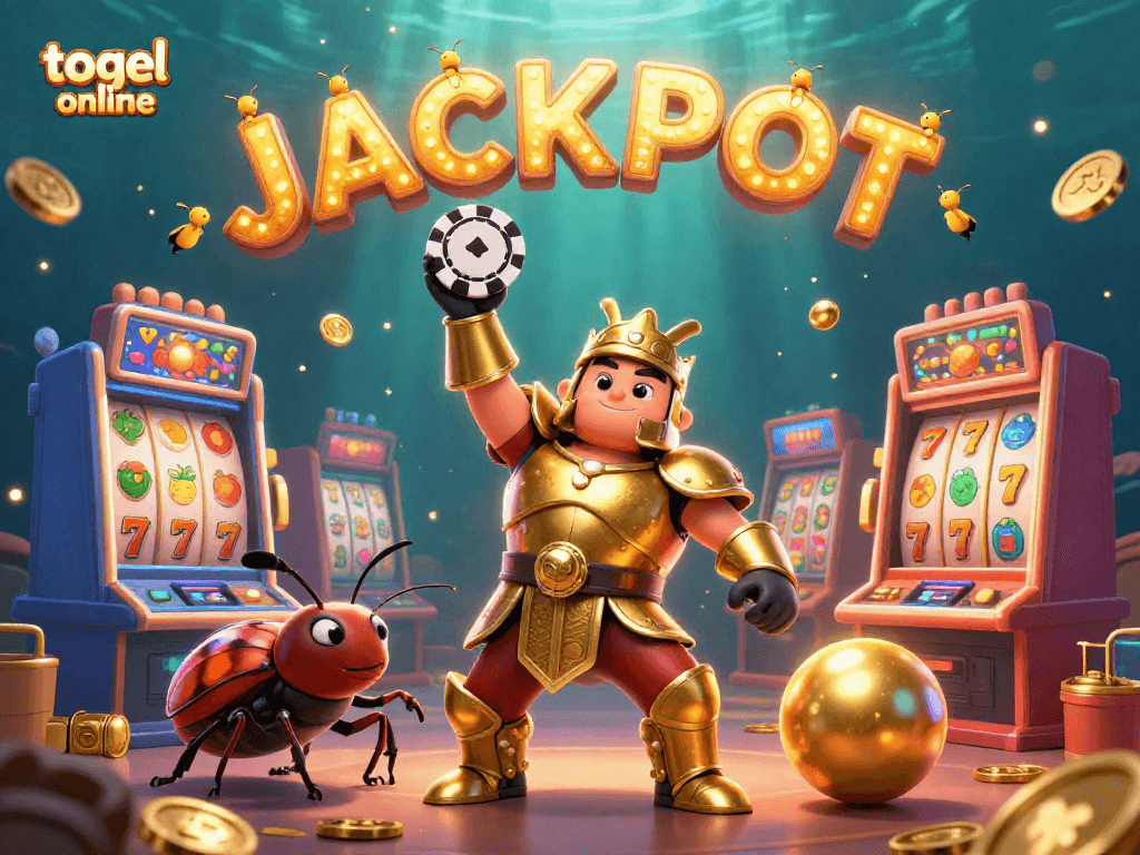 Win big with togel online in a vibrant casino-themed illustration featuring playful characters.