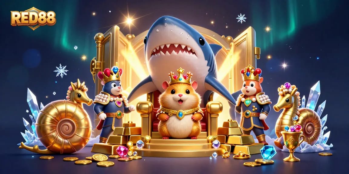 Spin to win at RED88 casino with a vibrant throne for the golden hamster king and treasure galore