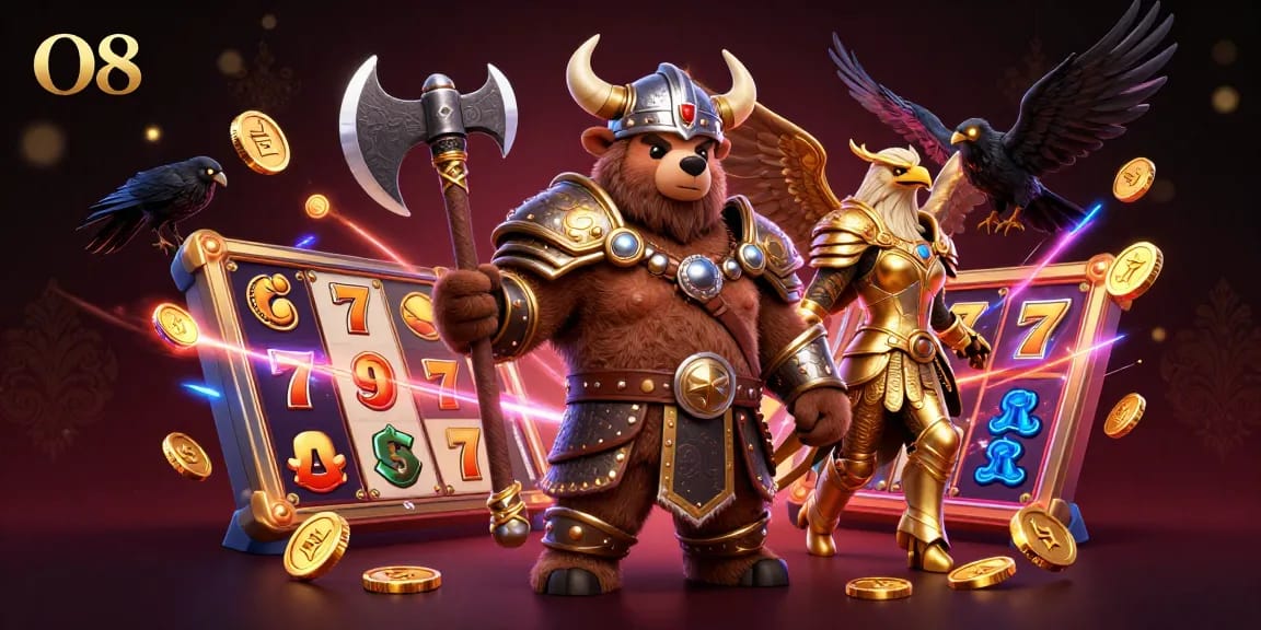 Engage with O8's thrilling gambling adventure featuring vibrant slot games and dynamic characters.
