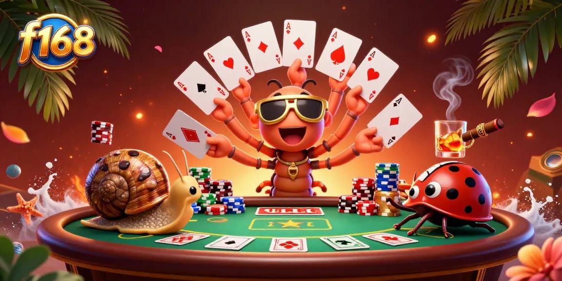Experience thrilling poker action with f168 in this vibrant casino scene featuring playful characters.