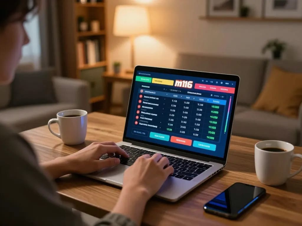 Person using laptop for m116 sports betting with friendly home decor.