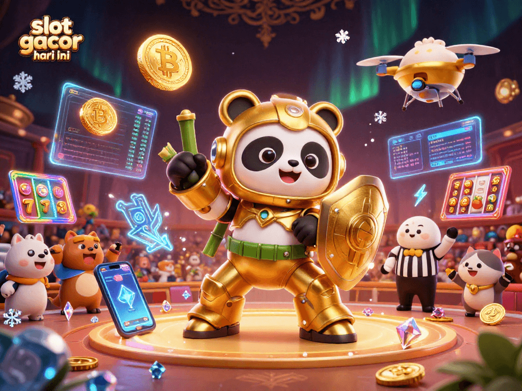 Gambarlah slot gacor hari ini dengan panda emas dalam robot bambu di arena kasino.