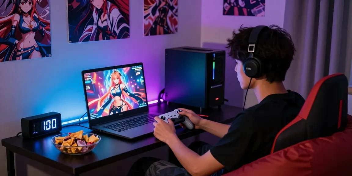 Engaging gamer playing a hentai game on laptop with colorful LED lights