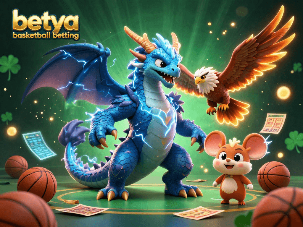 Engage in betya basketball betting with dynamic visuals of a thunder dragon and thrilling sports elements.