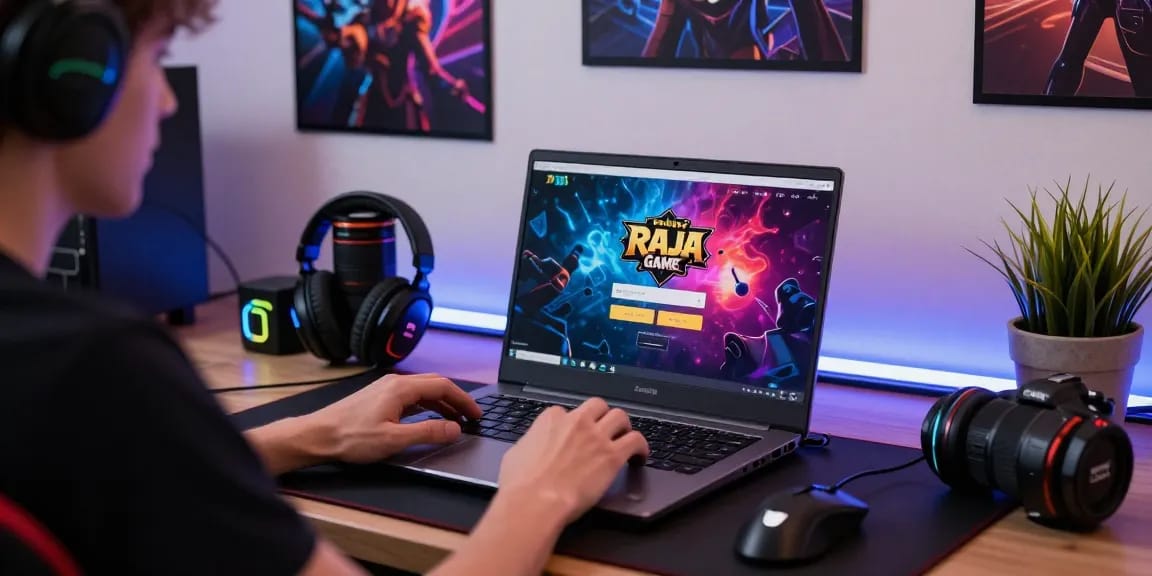 Raja Game login displayed on laptop in a vibrant gaming setup.