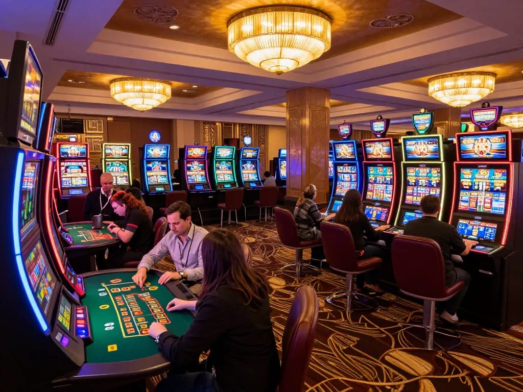 Players engaging at VT88 casino equipped with vibrant slot machines and professional dealers in a luxurious environment.