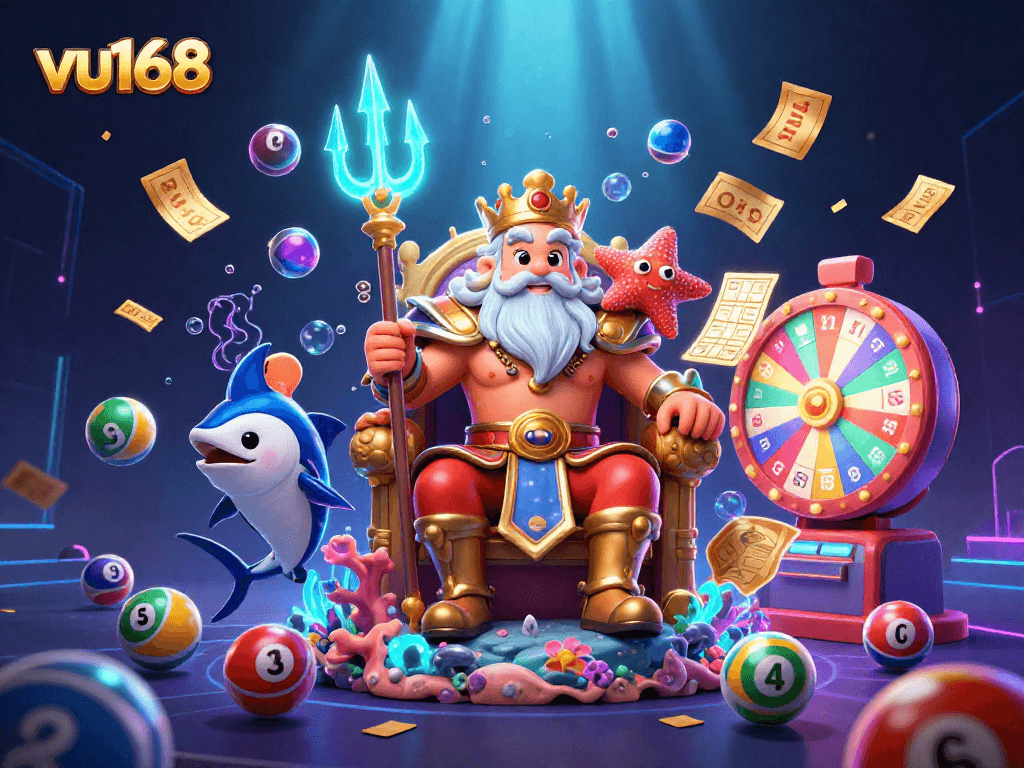 Experience thrilling games and vibrant visuals at vu168 with a dynamic casino scene featuring lottery elements.