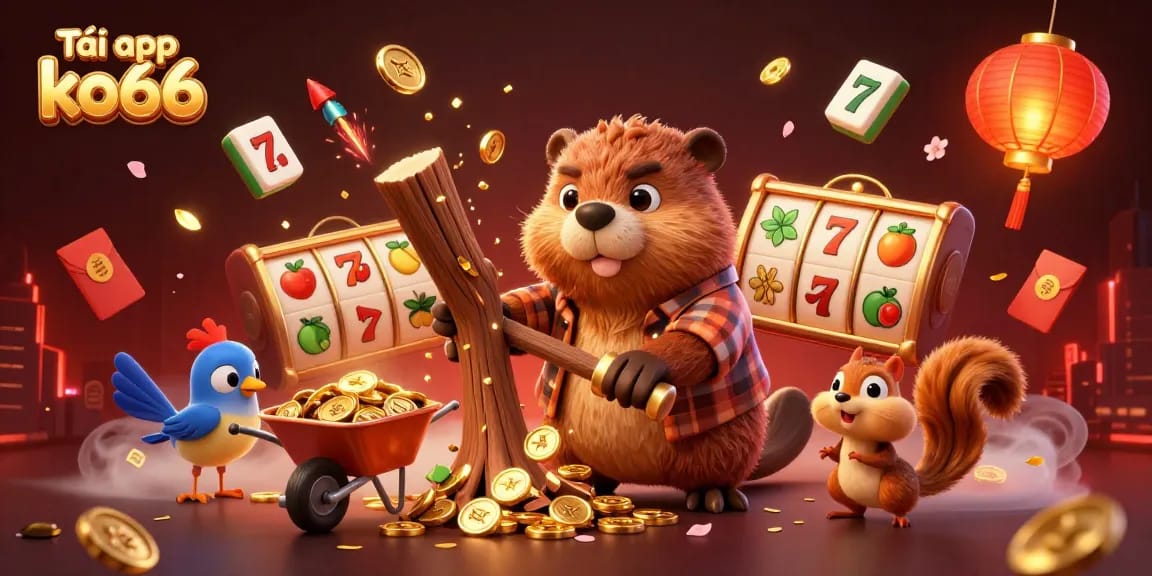Tải app ko66 and win big with a lively 3D scene of a lumberjack beaver collecting golden coins in a vibrant casino atmosphere.