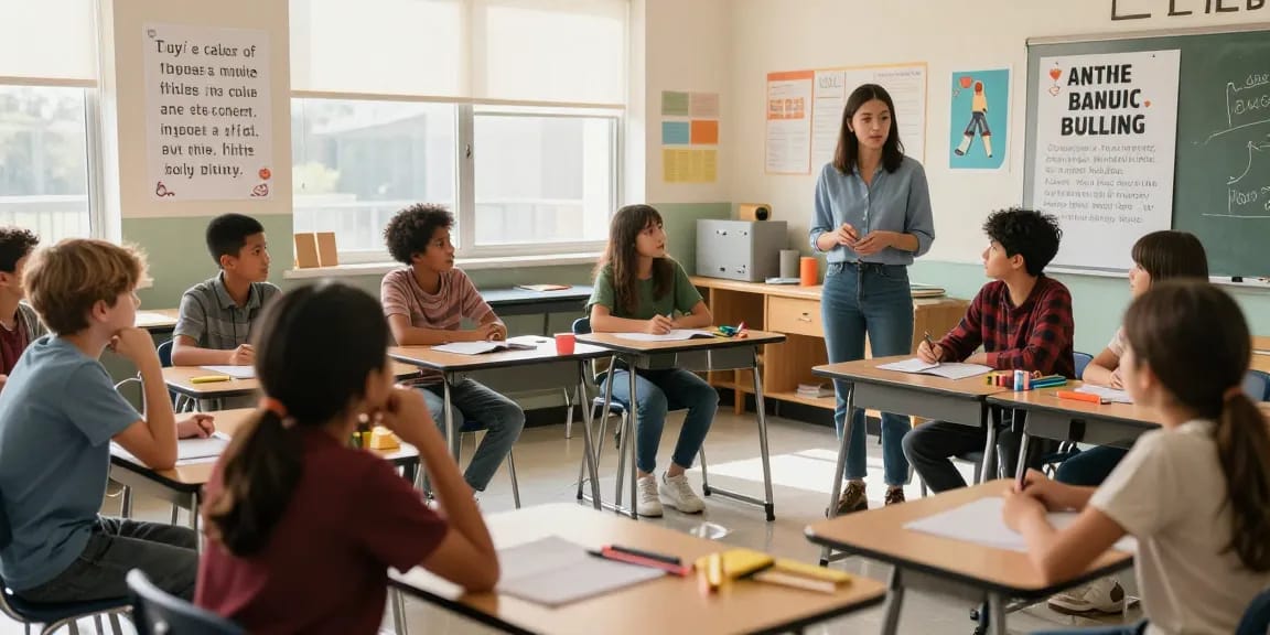 The Negative Impact of Bullying in Schools depicted in a classroom scene, students discussing bullying effects, promoting an inclusive environment.