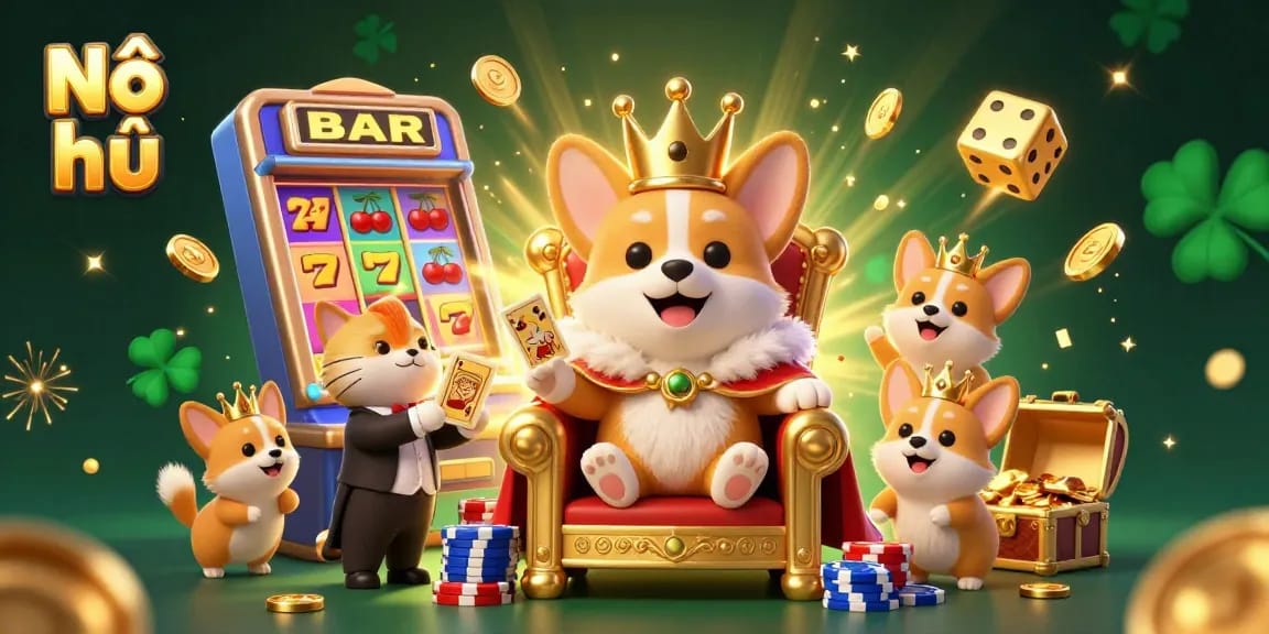 Nổ hũ jackpot scene featuring a royal corgi, vibrant slot machine, and winning symbols.