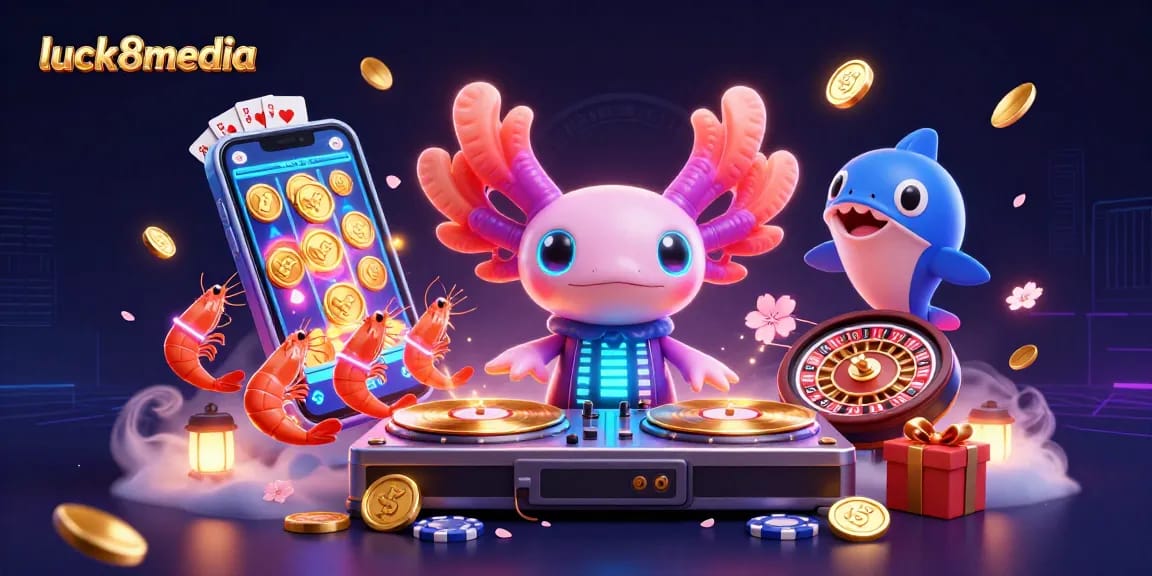 Experience luck8media's vibrant casino energy with a neon axolotl DJ and dynamic gaming elements.