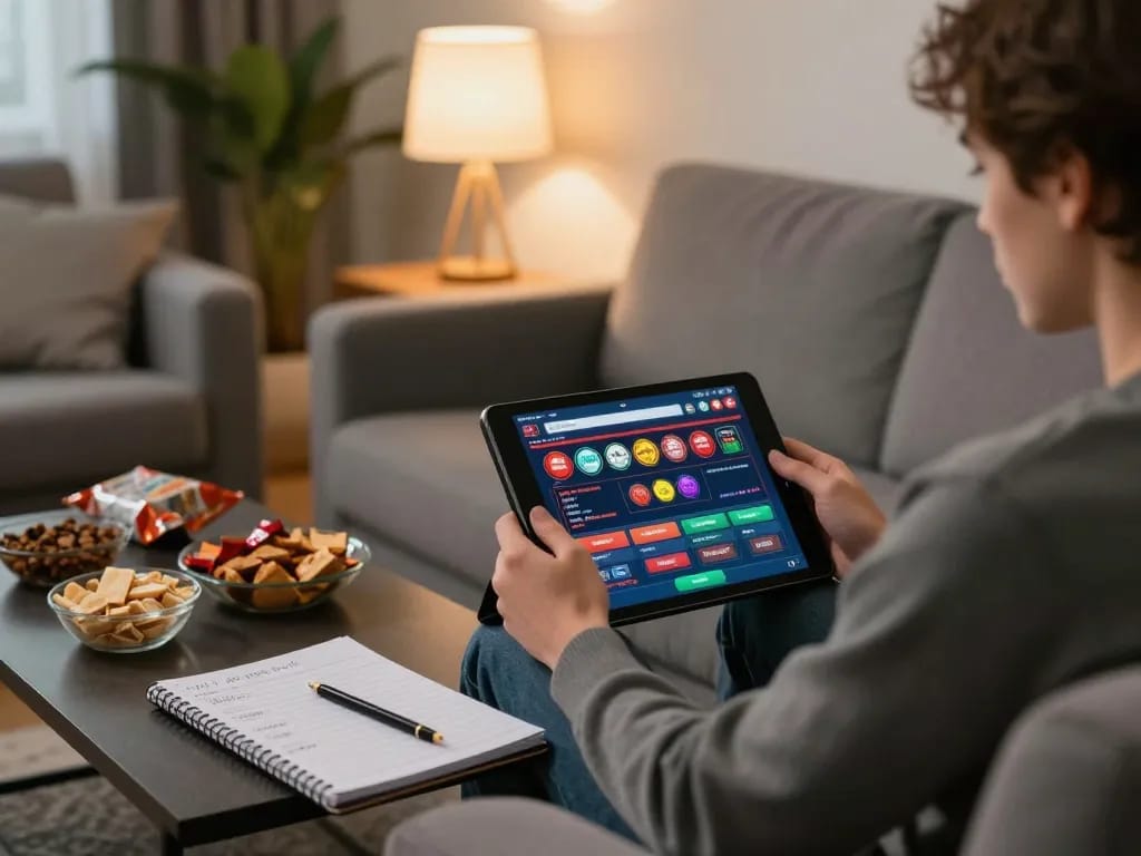 Engaging in gameplay on Canadian online casinos from a cozy home setup, showcasing strategy notes and snacks