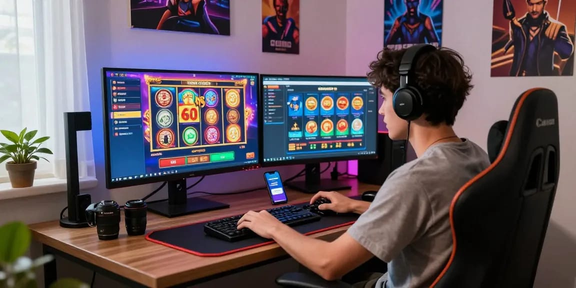Engaged player in a credit card casino gaming experience at https://thebls.org.uk, showcasing vibrant games and immersive atmosphere.