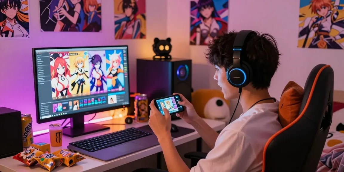 Immerse in mobile hentai games with a gaming scene in a cozy bedroom.