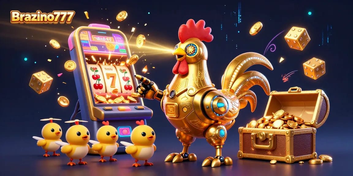 Brazino777 showcases an exciting scene with a golden rooster robot, vibrant slot machines, and dynamic casino elements.