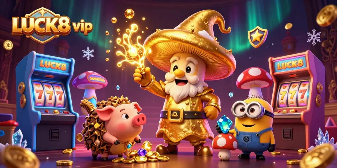 Experience exquisite gaming with LUCK8 vip featuring a golden mushroom wizard in a treasure-laden casino scene.