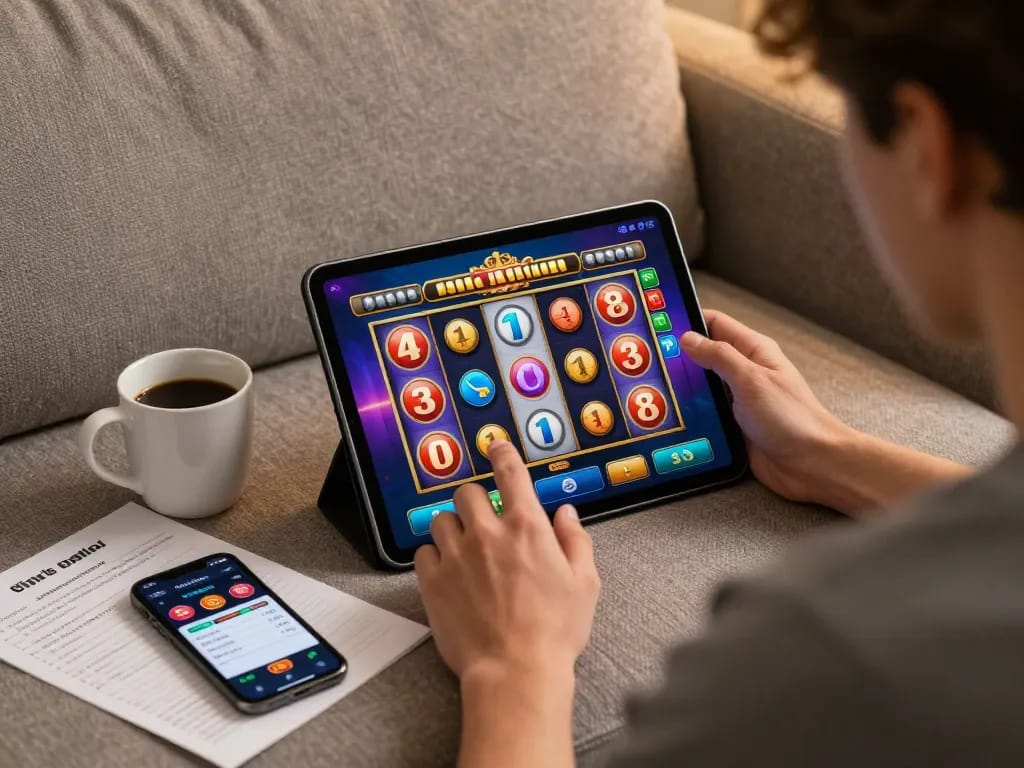 Pemain memutar gulungan slot di tablet di rumah, menunjukkan daya tarik slot online.