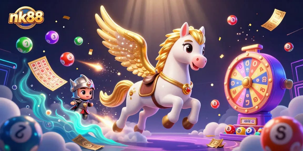 Engage in thrilling moments at nk88 with a celestial theme featuring games, golden tickets, and vibrant casino elements.
