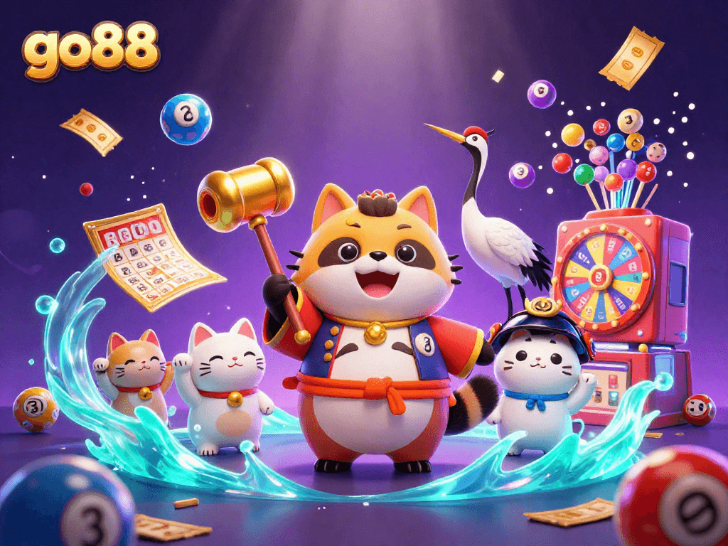 Experience the excitement of go88 with a vibrant 3D illustration showcasing colorful lottery elements.