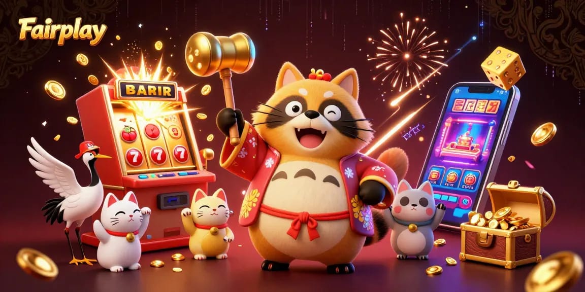 Experience the excitement of Fairplay's vibrant casino scene with a cheerful tanuki and friends.