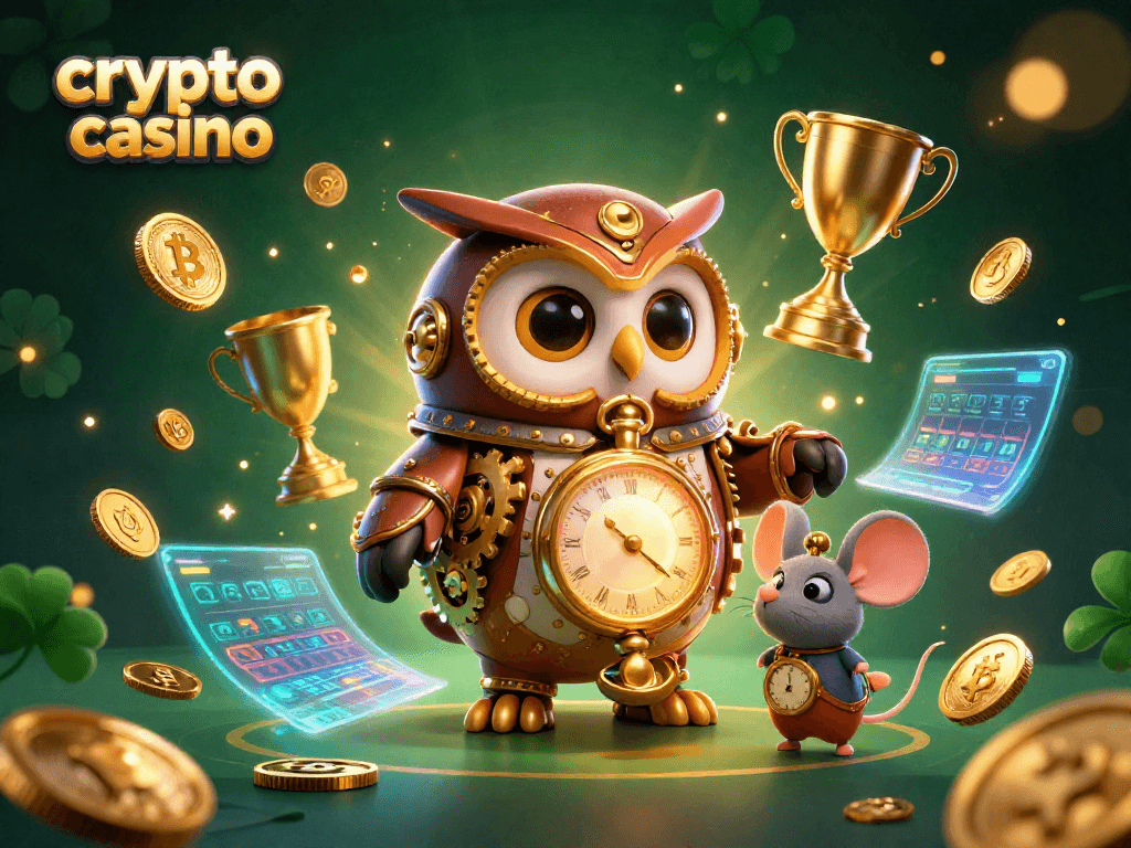 Engage in a vibrant crypto casino adventure with a steampunk owl and a clockwork mouse in dynamic action!