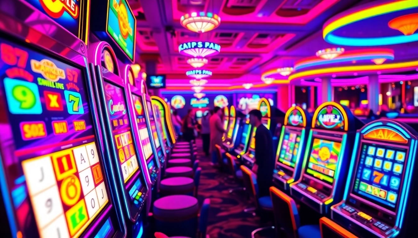 Menangkan permainan Slot Game dengan mesin slot berwarna cerah dalam suasana kasino yang menarik.