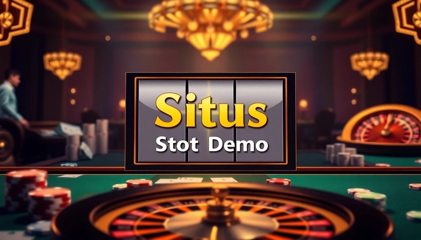 Situs slot demo showcased in a luxurious casino setting with vibrant slot machines and poker elements.