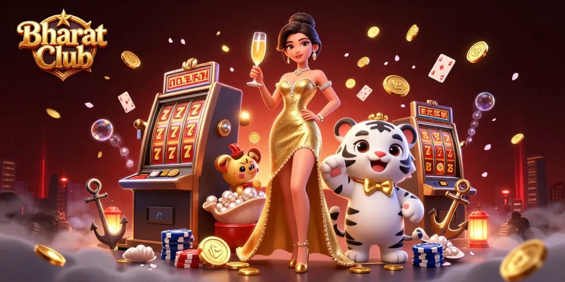 Bharat Club presents a glamorous woman and a lucky tiger cub celebrating casino wins amidst vibrant slot game symbols.