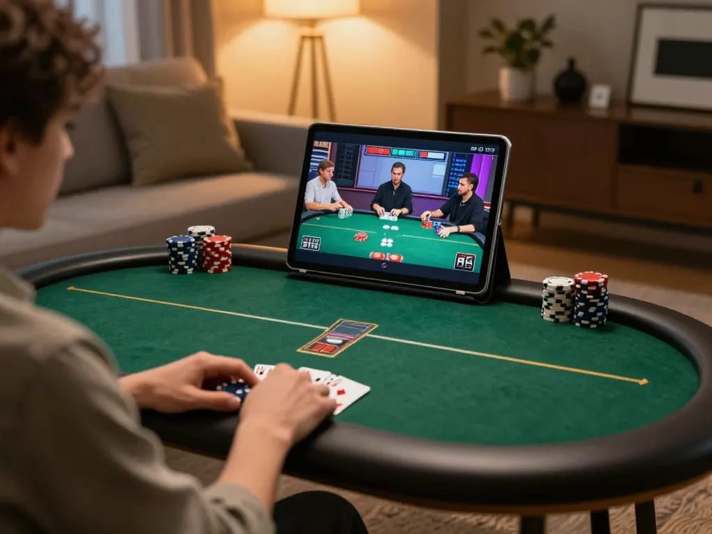 Engaged player betting on cm8888 poker game while relaxing at home.