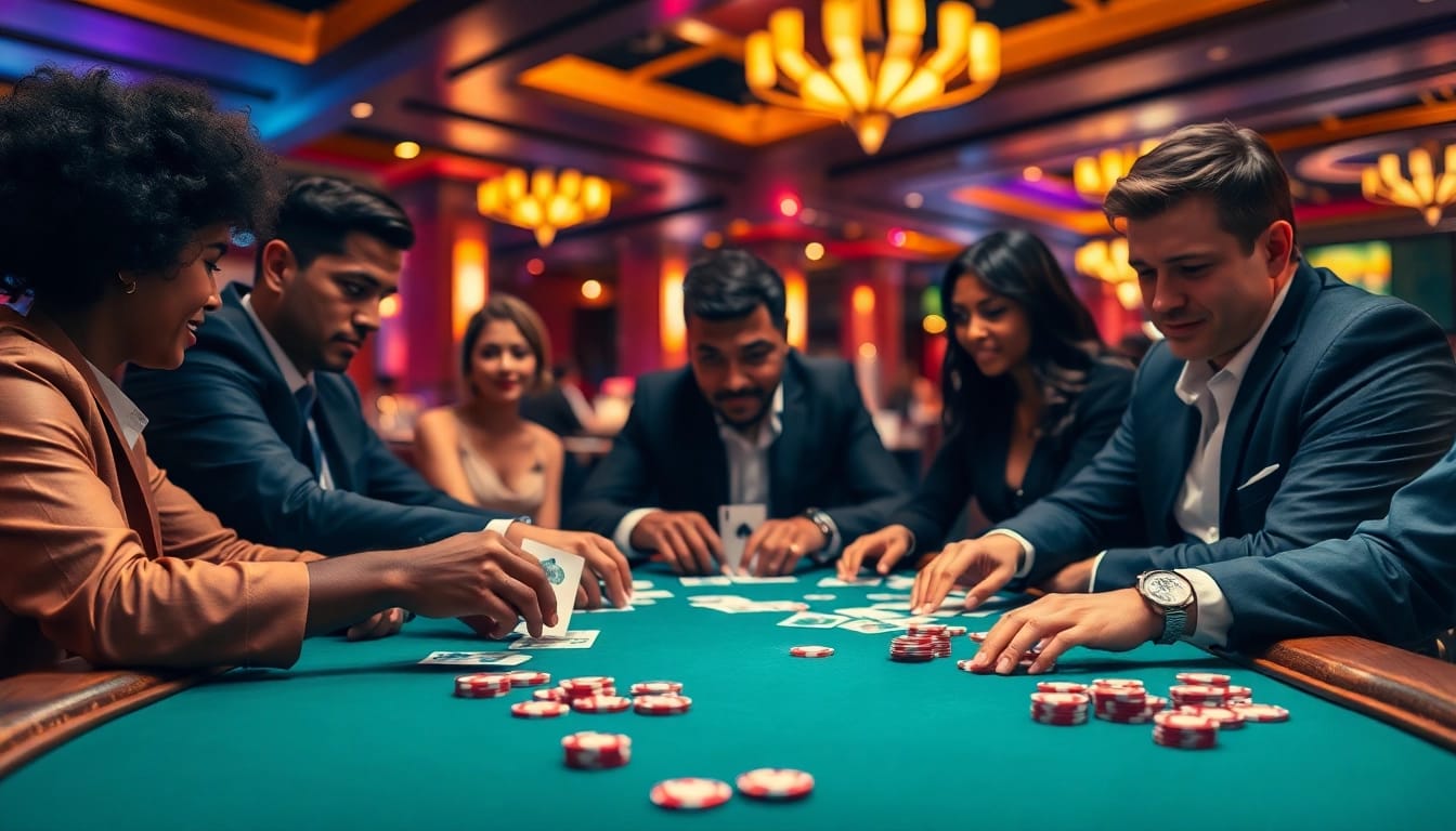 Engaging poker game scene showcasing players' hands and vibrant chips during a competitive match.