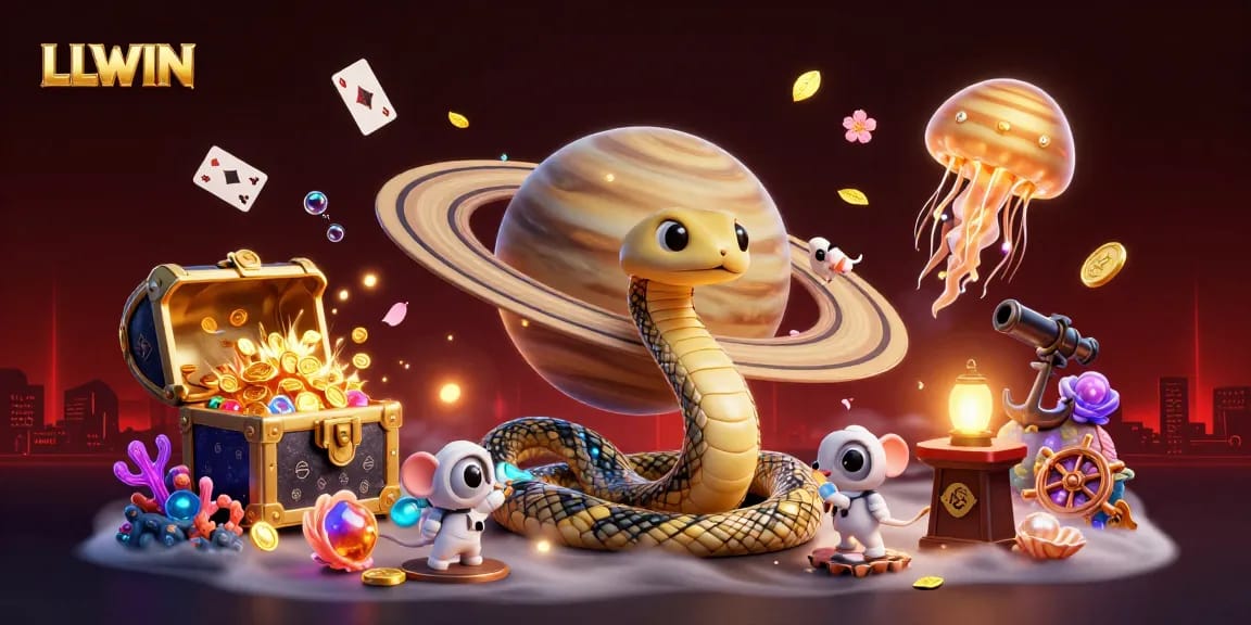 Experience the thrill of LLWIN with a vibrant cosmic casino scene featuring dynamic astronauts and exciting games.