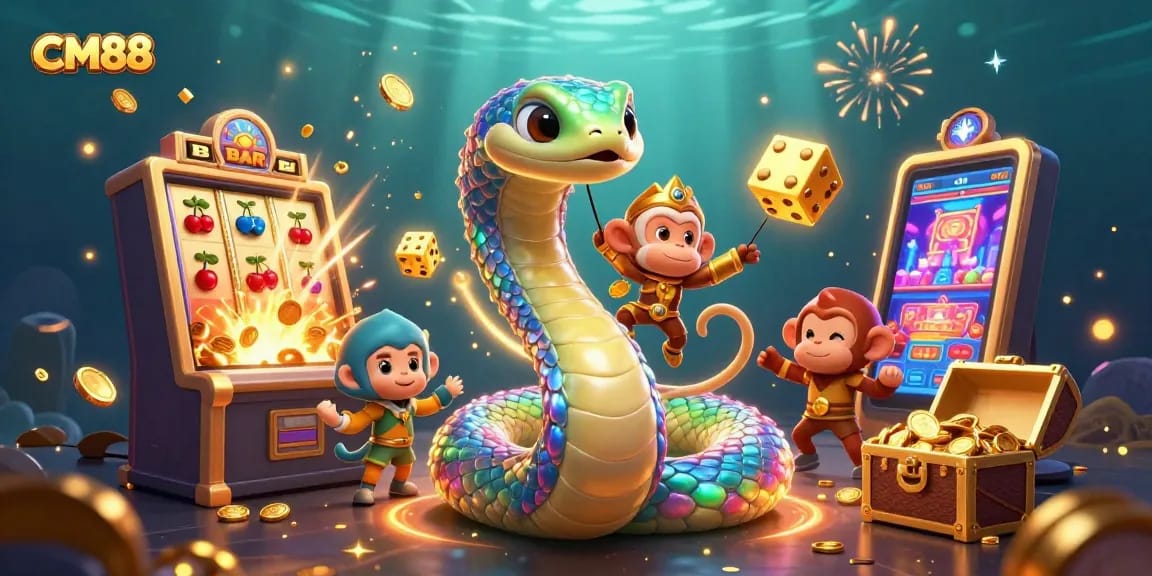 Engage with CM88 through vibrant 3D casino illustrations featuring thrilling slot machines and lively game elements.