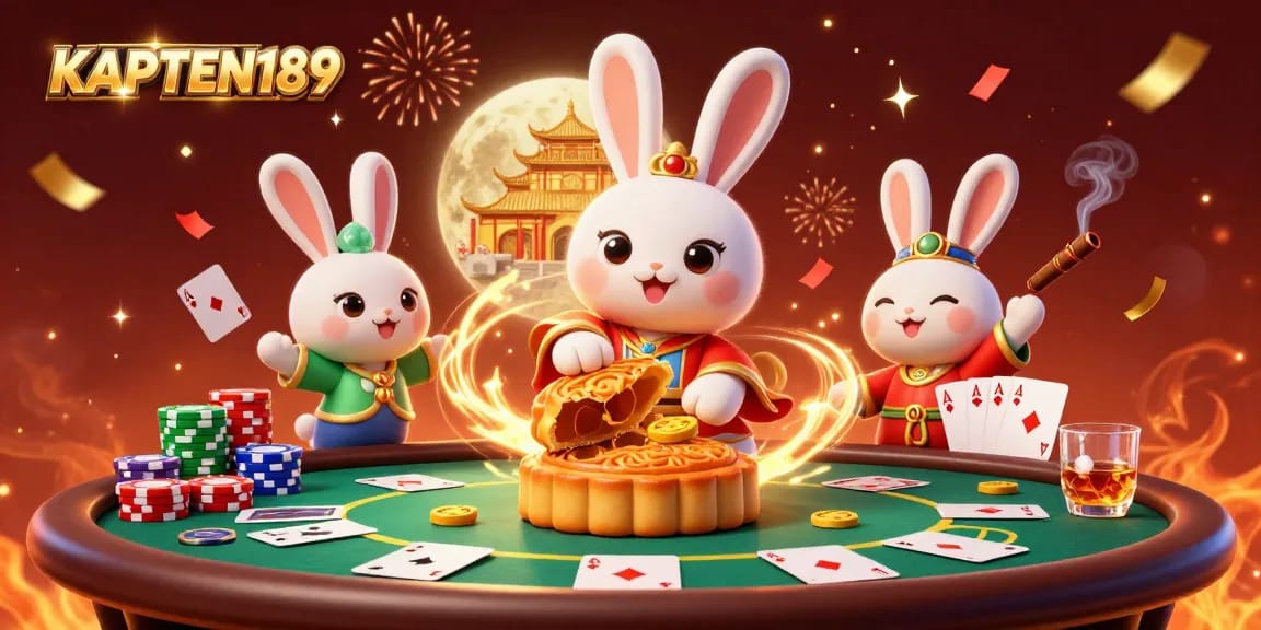 KAPTEN189 menampilkan ilustrasi kasino 3D dengan kelinci bulan mengolah kue bulan emas, dikelilingi chip poker