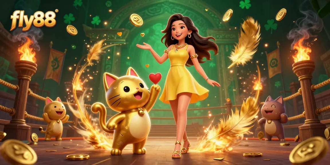 Experience thrilling wins at fly88 with a joyful woman and lucky cat amid vibrant gaming elements.