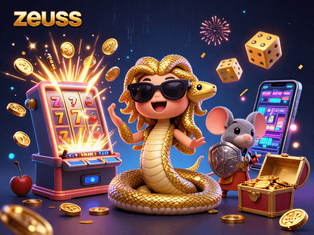 Experience the thrilling Zeus slot game with playful characters in a vibrant casino ambiance.