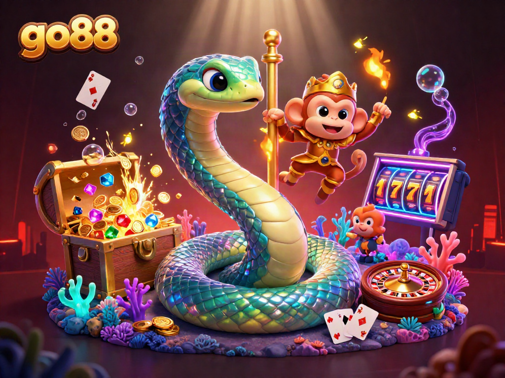 Spin the reels at go88's casino, featuring vibrant characters and playful games in an enchanting scene.