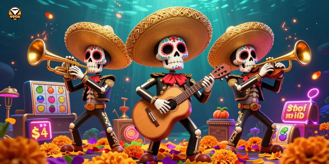 Engage in thrilling gaming action with 99OK's vibrant casino scene featuring a mariachi band amidst slot reels.