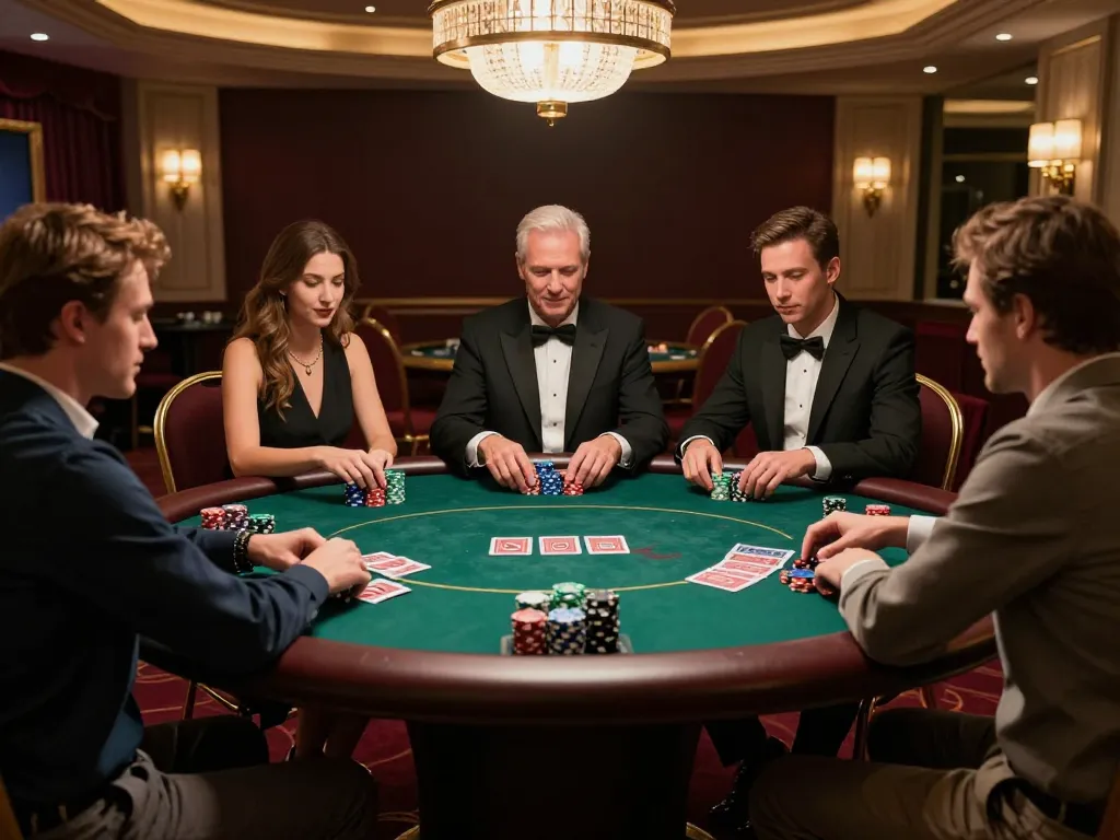 Engaged players strategizing during a high-stakes poker game, showcasing caricature Chatgpt in action.