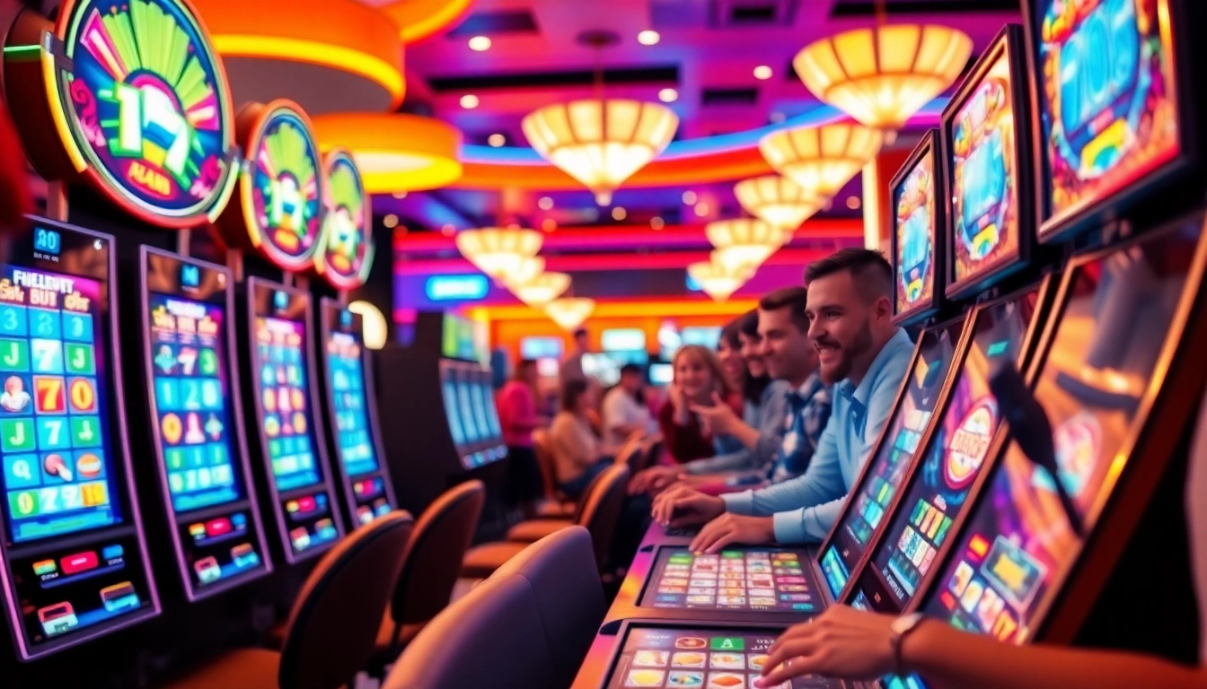 Engaging gameplay at as38 server slot luar, showcasing vibrant slot machines and excited players.