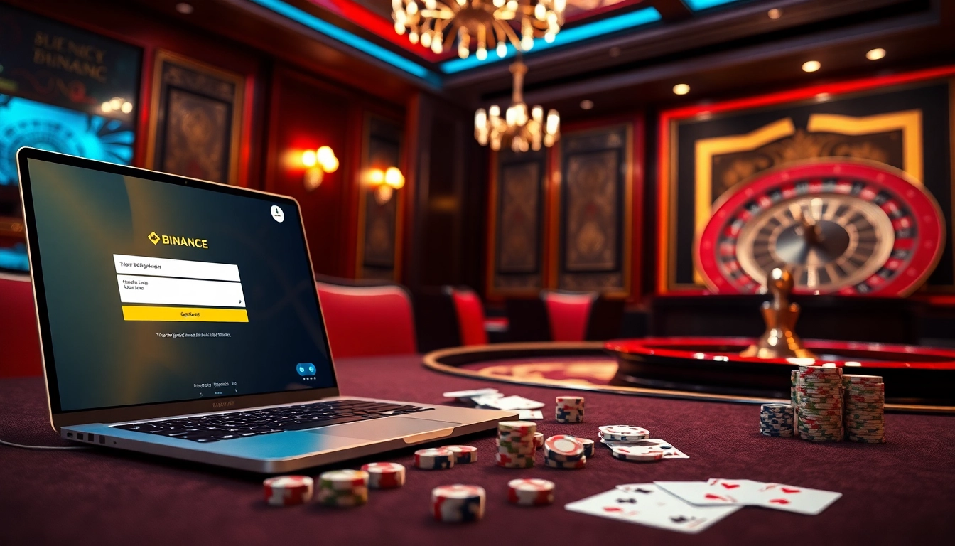 Exciting scene of 바이낸스 회원가입 with casino elements like poker chips and gambling tables.