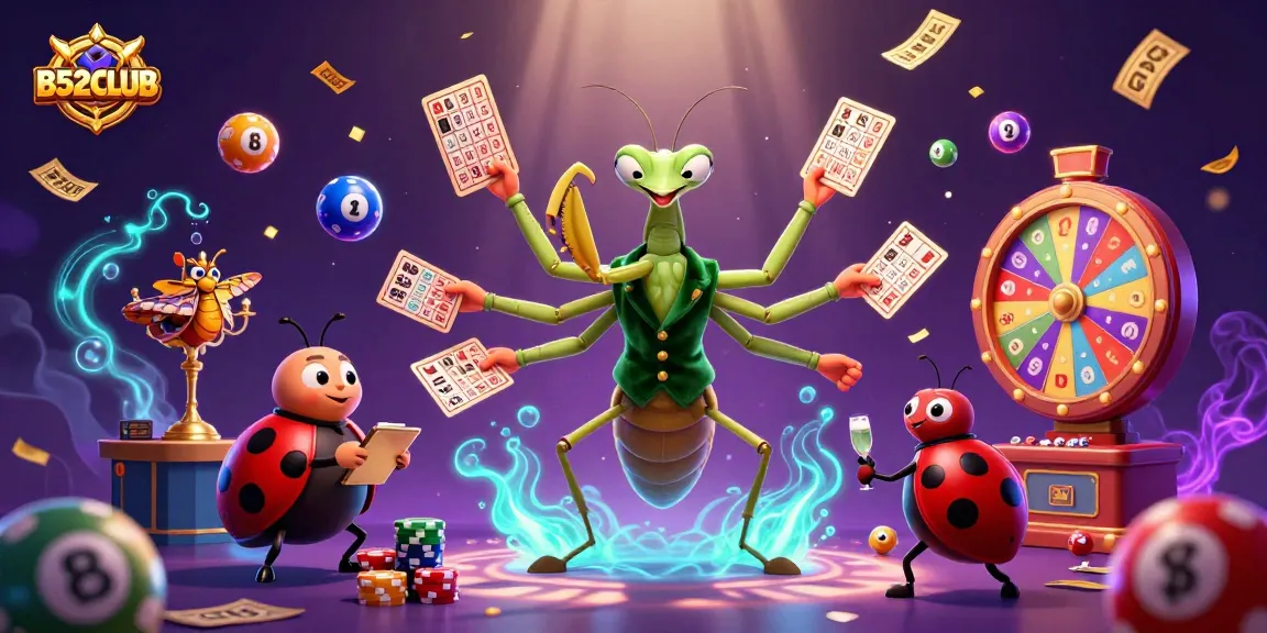 B52CLUB features a vibrant 3D casino scene with a giant praying mantis card sharp dealing cards amid colorful game elements.