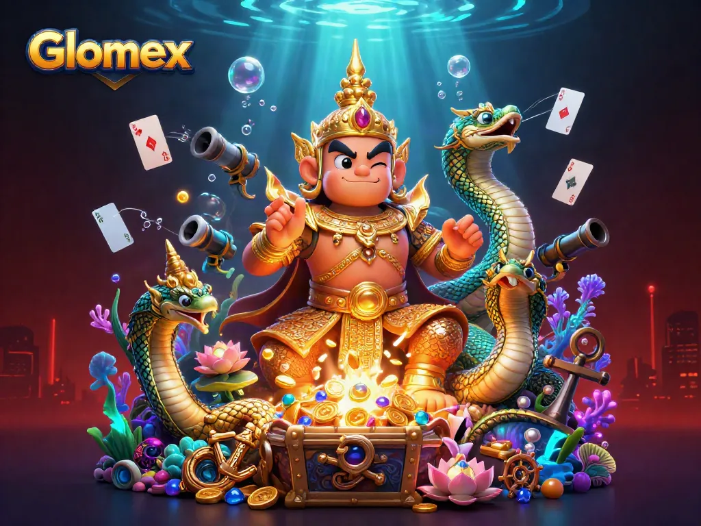 Experience thrilling gaming action with Glomex, featuring vibrant characters and dynamic casino elements.