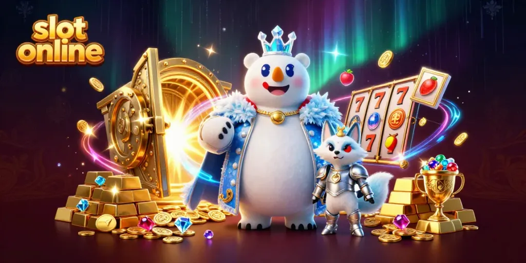 Experience slot online excitement with vibrant assets showcasing a polar bear king and snow fox amid treasures.