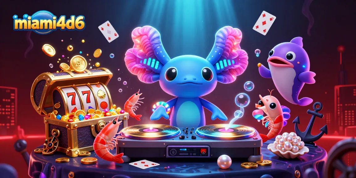 Feel the excitement at miami4d6 with an ultra-detailed 3D party scene featuring a DJ axolotl and vibrant underwater treasures.