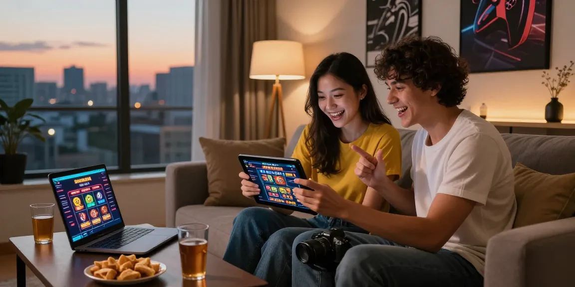 Couple enjoying new online casinos in the UK on a tablet, cozy setting.