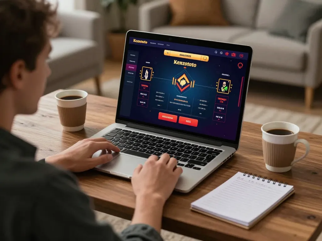 Pengguna Kenzototo terlibat dalam permainan kasino online di laptop, menciptakan lingkungan permainan strategis yang menarik.