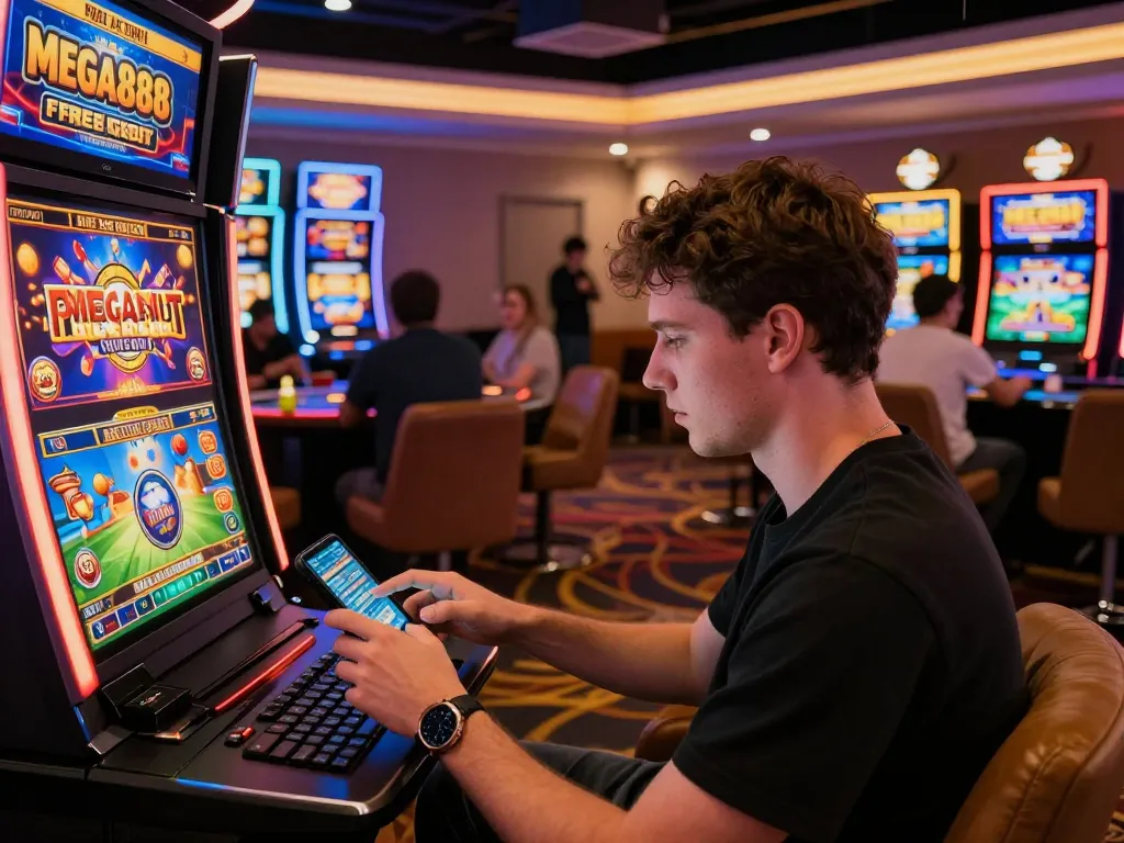 Engaged player accessing free credit Mega888 promotions in vibrant gaming lounge.