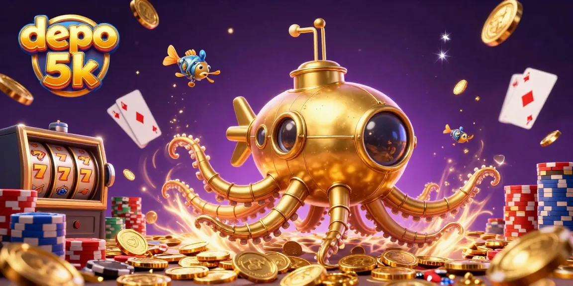 Experience the excitement of depo 5k with this vibrant, animated 3D casino illustration featuring a kraken and winning symbols.